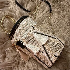 Woven Tassel Crossbody Bag in Cream with Black Trim